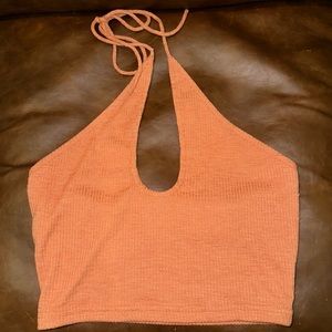 Crossover neck tie peach ribbed crop top
